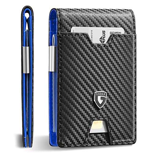 GSOIAX Men's Slim RFID Blocking Leather Wallet with Money Clip | Minimalist Carbon Fiber Bifold Credit Card Holder | 11 Card Slots | Gift Box Included(Carbon Blue)
