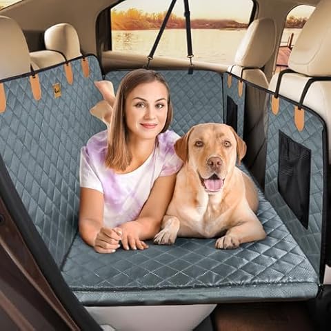 FURTIME Back Seat Extender for Dogs, Car Seat Cover Back Seat Hard Bottom for Full Size SUV Small Truck - Waterproof Dog Hammock with Mesh Window and Storage Pocket Dog Car Bed for Pet Travel（Gray） Cover