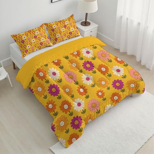 Couette réversible jaune citron marguerite édredon léger 4 saisons