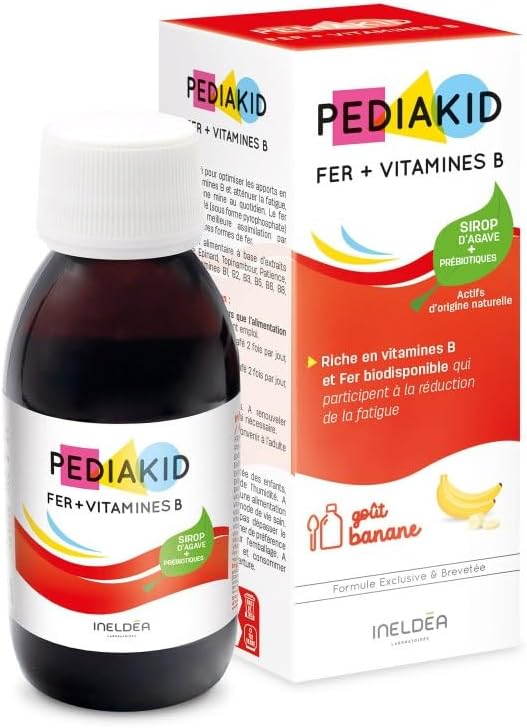 PEDIAKID – IJzersiroop + B-vitaminen – Natuurlijk voedingssupplement – Exclusieve formule met Agave-siroop – Optimaliseert de ijzerinname – Helpt vermoeidheid te verminderen – Bananensmaak – Fles 125