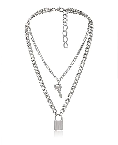 Tanyoyo Lock Key Pendant Necklace Statement Long Chain Punk Multilayer Choker Necklace for Women Men - Key and Lock Silver