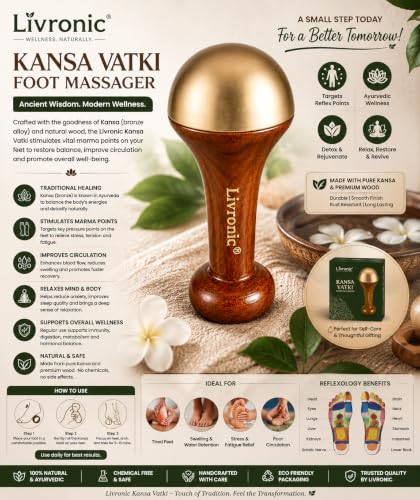 Image of Livronic Kansa Vati Foot Massager with Teak Wood Handle | Large Ayurvedic Bronze Kansya Vatki (Katori) | Kansa Wand for Foot Massage, Reflexology, Relaxation, Stress Relief & Daily Foot Care | Premium Swakansa Wellness Tool (PLAIN SURFACE)