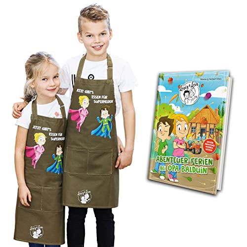 Luis & Lea Geschenk-Set „Kinderschürze & Buch“, Superhelden-Schürze olivbraun (größenverstellbar, 4 - 10 Jahre) + „Abenteuer-Ferien bei Opa Balduin“ (14 Geschichten + gesunde Rezepte) Cover