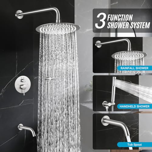 Juego de grifería para ducha lluvia de 10 pulgadas con salida para bañera, acabado niquel cepillado | Cartucho antiscald, tecnología Air Tech que aumenta la presión un 50 %, divisor de 3 funciones, conexión NPT 1/2" miniatura 2