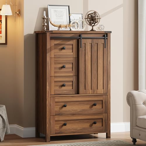 GarveeHome Farmhouse 5 Drawer Dresser for Bedroom, 48' Tall Wood Dressers Chest of Drawer with...