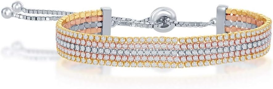 925 Sterling Silver High Polished Tri-Color Three Strand/Five Strand Adjustable Tennis Bolo Bracelet