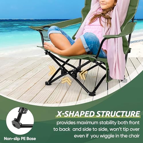 Image of HaSteeL Folding Beach Chair Set of 2, Foldable Green Camping Chairs for Outside, Low Beach Chair Portable for Adults Fishing, Picnic, Outdoor BBQ, Travel, Sports, Cup Holder & Storage Bag