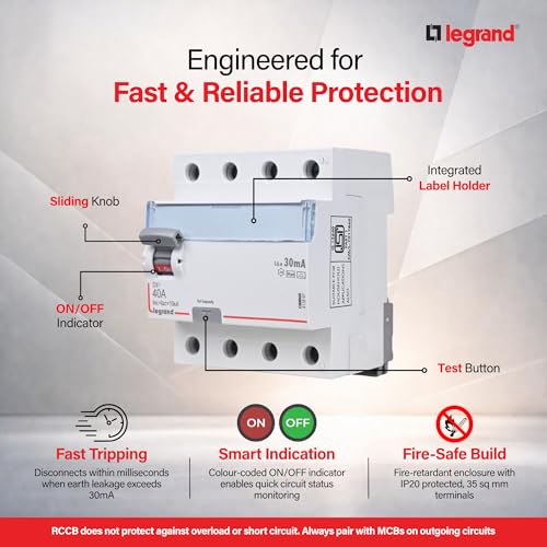 Image of Legrand DX 40A 2-Pole RCCB 30mA | Residual Current Circuit Breaker for Shock & Fire Protection | ISI Marked IS 12640-1, BiConnect Terminals | Leakage Protection for Hospital, IT Offices, Cold storage