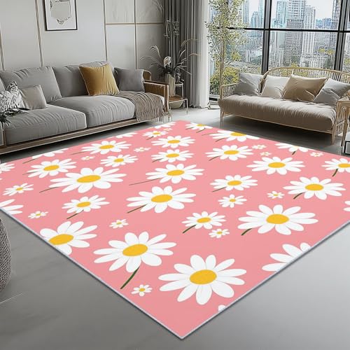 Alfombra de área Rosa, para la decoración del Pasillo Alfombras 100 x 150 cm Interiores Antideslizantes Alfombras Simple Margarita Flores Pelo Corto Lavables Alfombras de Sala de Estar