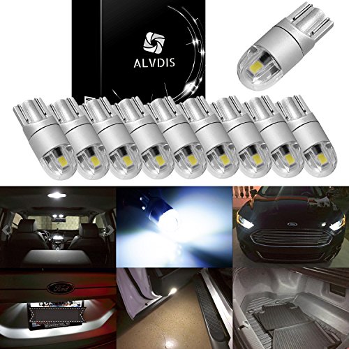 Alvdis (10) Xenon White 2-3030-SMD 168 194 2825 W5W T10 LED Replacement Bulbs For Car Interior Dome Map Lights, Also Exterior License Plate Lights, Parking Lights, Side Marker Lights, etc (Pack of 10)