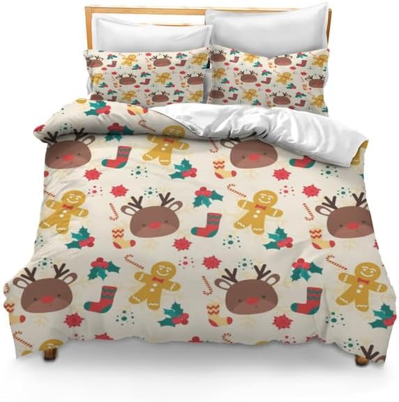 Bidesign Juego de funda de edredón tamaño matrimonial con temática navideña (diseño de cerezaárbol de Navidadcampana) para vacaciones (1 funda de