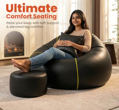 Image of Sattva Piping 2XL Sofa Style Bean Bag Chair with Beans Filled | Faux Leather Bin Bags Set with Footstool & Cushion | Beam Bag for Adults, Teens, Home & Living Room - Black with Yellow Piping