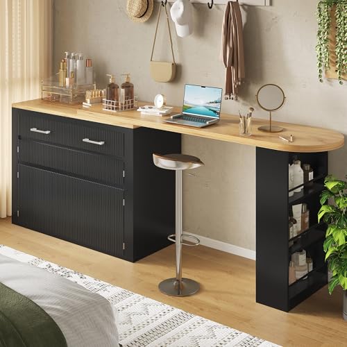 FammyLoft Mesa de bar plegable con dos cajones, mesa de bar cocina con espacio de almacenamiento, moderna mesa de bar móvil, mesa alta, isla de cocina, encimera de cocina, mesa alta (137-215 x 39 x