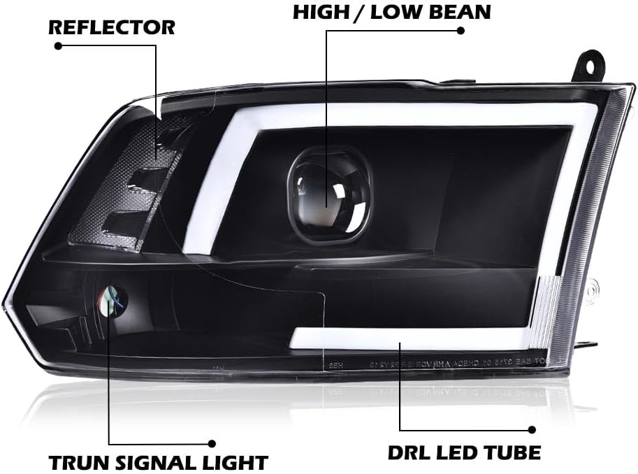 PIT66 LED DRL Front Headlights Assembly Headlamp Compatible with Dodge Ram 1500 2500 3500 2009-2012 ONLY FIT 2009 and Above Models (New Body Style) Clear Lens Black Houing Clear Reflector