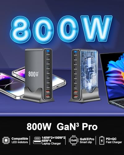 Image of 800W USB C Fast Charger Block, Multi-port USB Charging Station, GaN Ⅲ Double 140W PD PPS Port Fast Charging Station for Multiple Devices,Laptop Wall Charger Compatible with iPhone 17,iPad, MacBook etc