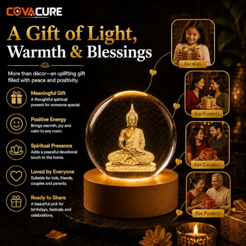 Image of COVACURE 3D Lord Buddha Statue Crystal Ball Night Lamp, 2.4 Inch Gautam Buddha Idols Crystal Ball Night Light for Home & Office Desk Decor, Birthday Gift, Spiritual Showpiece