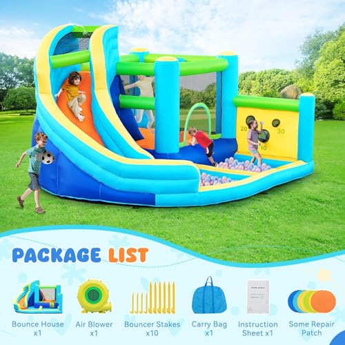 Inflatable Bouncy Castle Water Park with Slide Sprayer Trampoline Climbing Wall & Basketball Hoop, Includes Air Blower, Outdoor Indoor Bounce House for Kids Toddlers, Holds Up to 5 Children - Image 6