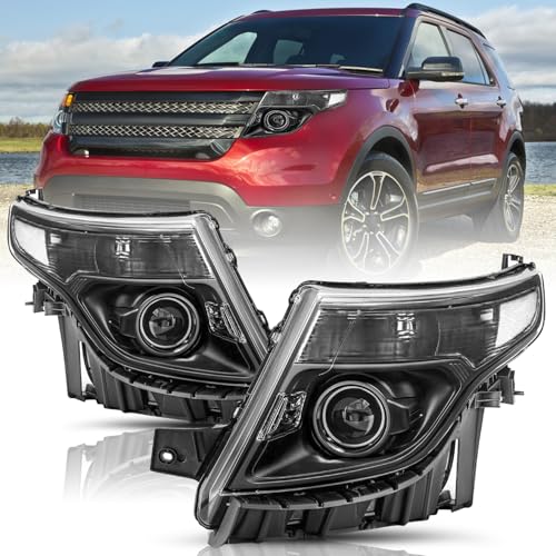 TUSDAR Headlight Assembly Set Compatible with 2011-2015 Ford Explorer Halogen Headlamp Aftermarket Replacement (Black Housing with Clear Reflector)