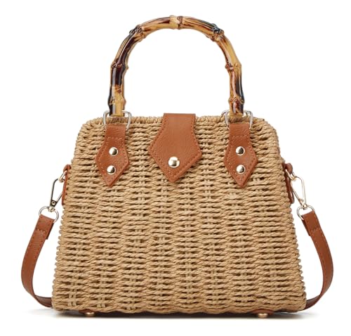 Bolsas de praia de palha para mulheres em tecido de vime em vime, bolsa de ombro pequena para férias de verão, Café, One Size