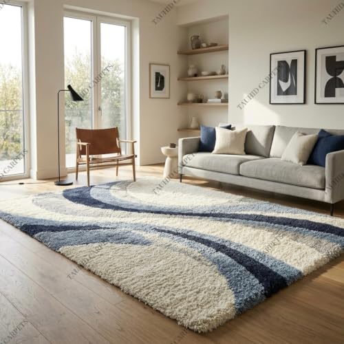Image of Tauhid Carpet Super Soft Microfiber Shaggy Area Rug Modern Abstract Blue & Cream Plush Carpet | Fluffy Floor Rug for Living Room, Bedroom 6x9 Feet.