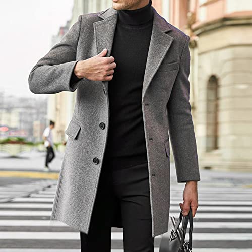 Casacos longos em lã com bolsos com lapela Sobretudo Peacoat Preto Jaqueta de Alta para homens. (Gre
