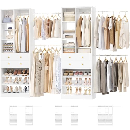 Besiost Closet System, Up to 134'/11.2 FT Closet Organizer with 4 Wooden Drawers and Shelves, Walk-in Closet System with 6 Hanging Rods, Built-in Closet Can Fit 96'/8FT, 120'/10FT, White Set 2