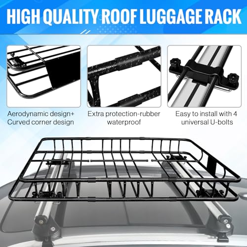 Image of LWTURMRT Heavy Duty 54 inchX36 inchRoof Rack Cargo Basket Universal Rooftop Cargo Carrier with Waterproof Cargo Bag 18 Cubic Feet (54 inchX34 inchX17 inch) Cargo Net