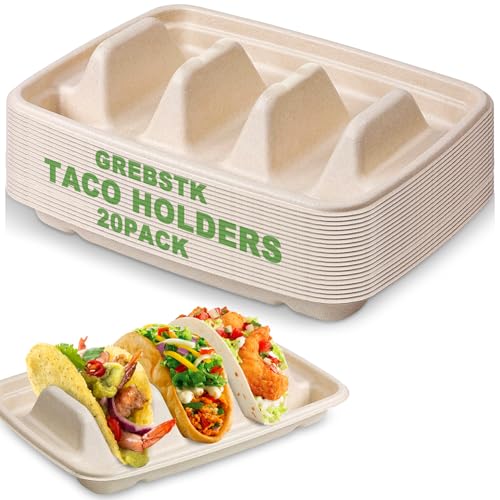 GREBSTK 20 Pack Disposable Taco Holders, Compostable Bagasse Pulp Taco Plates with 3 Dividers for Taco Tuesday Party, Lazy Susan Bar Serving Set for Tacos, Hot Dogs, Sandwiches