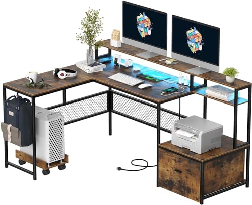 AYEASY L Shaped Desk with Drawers, 66