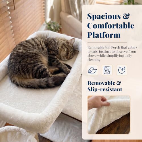 Image of Hey-brother Wooden Cat Tree Tower with Rattan Condo, Large Platform, 2 Cozy Hammocks, Basket, Self-Grooming Brush, 9 Full Sisal Scratching Posts for Indoor Adult Cats, 73 Inches, Rustic Brown MPJ122SR