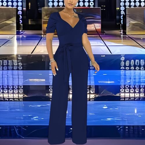 Image of PaladMom Womens Elegant Plus Size Jumpsuits Sexy Back zipper Short Sleeve Mid Waist Wide Leg Straight Rompers