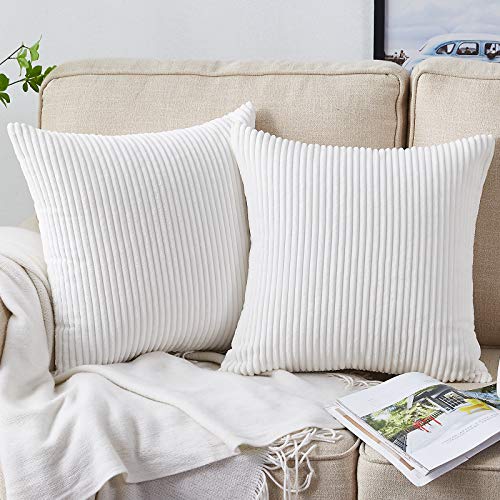 Bedwin Throw Pillow Covers 2 Sets Decorative White Pillow Covers 18x18 Inch, Soft Corduroy Pillow Covers Cushion Covers, Home Decor for Couch (Pure White)