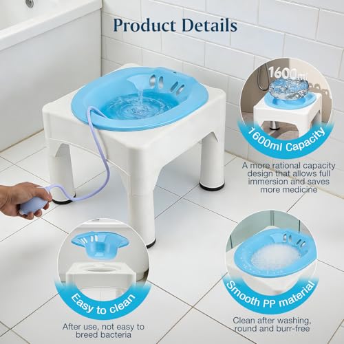 Sitzbadewanne für Toilette Erwachsene – Tragbares Sitzbad mit Hocker & Spülfunktion, Abnehmbar für Hämorrhoiden Behandlung & Wochenbettpflege