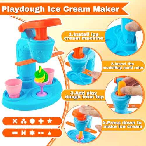 Playdough Sets for Kids, 3 in 1 Play Dough Kitchen Creations Set Inchudes Ice Cream Noodle Hamburger Maker Machine,Dough Molds,Playdough Accessories,12 Can Dough