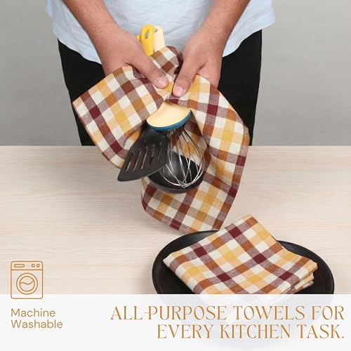 Image of Multicolor Check Kitchen Towels 12 Pack, 100% Cotton Tea Towels, 18 inchx26 inch Quick Dry Dish Cloths for Drying Dishes, Reusable, Absorbent - Burgundy Wine, Brown, Mustard Yellow, Natural