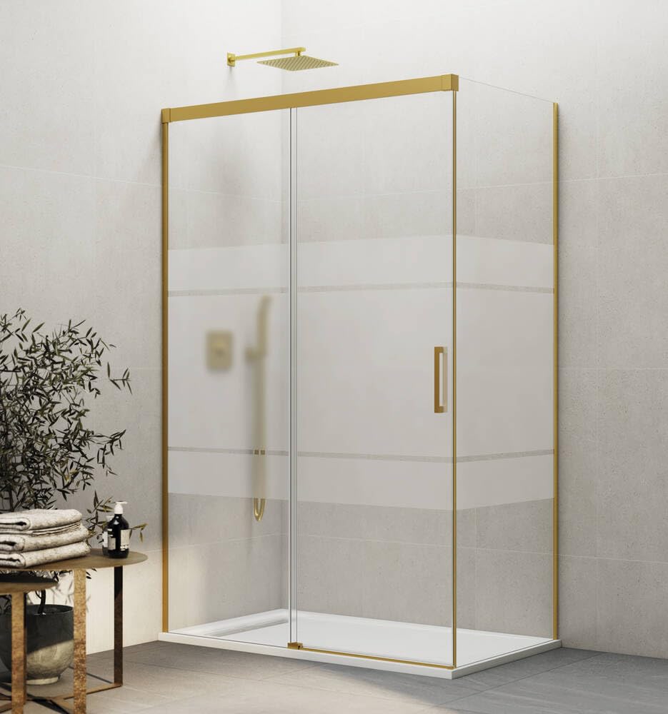 GME - Mampara Ducha Frontal Oro Cepillado 165cm 1 Fija + 1 Corredera + 80cm Panel Lateral Fijo | Mampara de Cristal Reversible 6mm con Ancho Adaptable y 196cm de Altura