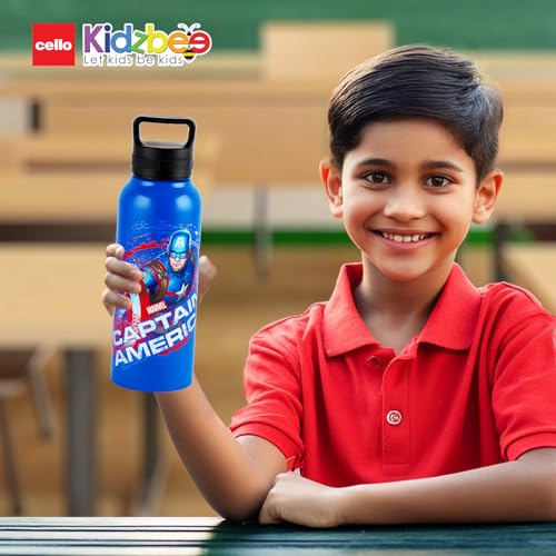 Image of CELLO Kidzbee Aqualoop 3D Captain America Design Stainless Steel Kids Water Bottle For Daily Use 790 ml, Blue | 3D Touch & Feel Print, Single Wall Fridge Safe Leakproof School Kids Water Bottle