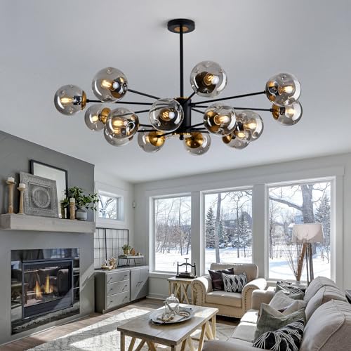 Image of 16 Light Glass Globe Chandelier Mid Century Sputnik Pendant Light Fixture Black and Gold Ceiling Light for Living Room Kitchen Dining Room Bedroom Farmhouse.