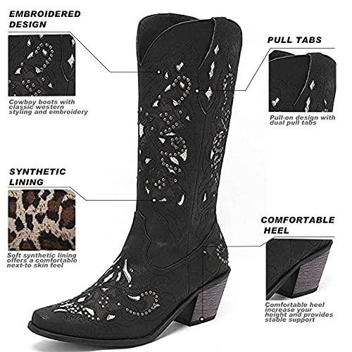 Mikarka XBZ0380_BLACK_46 Cowboy Boots For Women Pointy Toe Low Chunky Heel Cowgirl Boots Studded Rhinestone Embroidered Rodeo Knee High Western Boots thumb #1