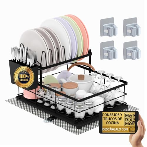ALEHC® Escurreplatos sobre Fregadero 2 en 1 de Alta Capacidad, Doble Altura y Drenaje Telescópico 360º + Alfombrilla Antideslizante y 4 Colgadores Autoadhesivos | Pack 6 Piezas + Ebook Exclusivo |