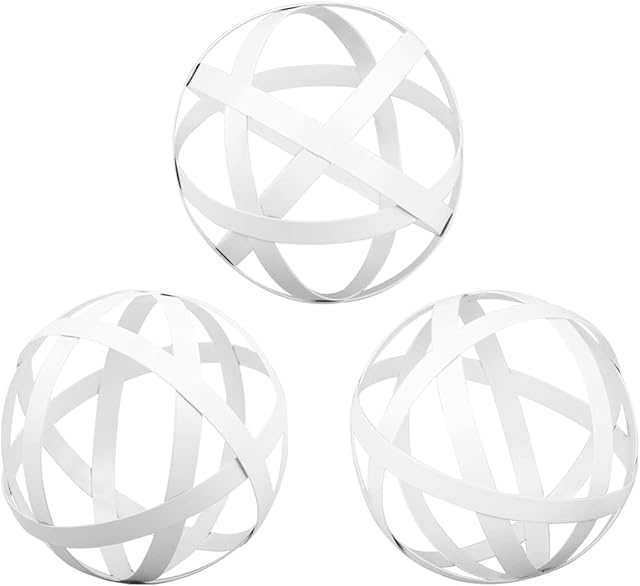 YiYa White Decorative Sphere Set of 3 - Metal Ball Decoration - Metal Band Decorative Ball - Metal Ball Table Decor for Living Room Bedroom Kitchen Office Coffee Table Desk