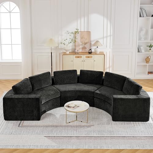 WUTUTUEE 139 Curved Round Boneless Couch, Oversized Cloud Sofa with Deep Seat & Arms, Chenille Modular Sectional Sofa with Pillows, Upholstered Comfy 6 Seat Couch for Living Room, Black