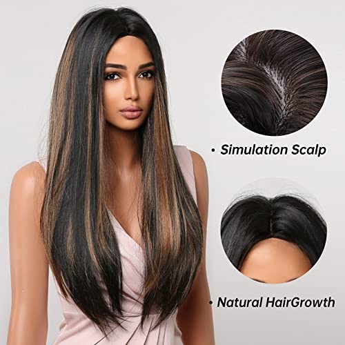 Allbell Long Black Wigs For Black Women Straight Synthetic Hair With Brown Highlights Middle Part Off Black Balayage #TOP2