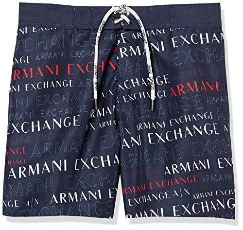 A|X Armani Exchange Men's Logo Print Boardshort Swim Trunk, Navy/Strip Extream, L