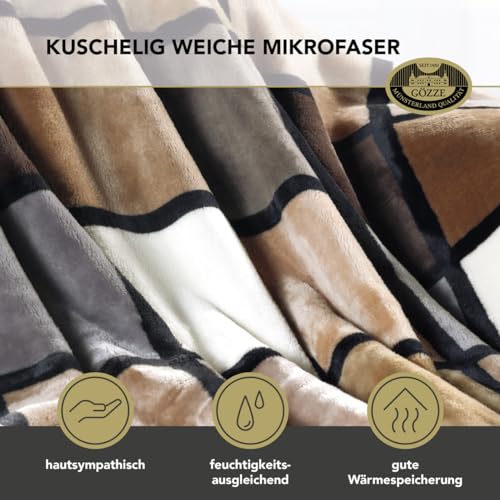Gözze - Weiche Kuscheldecke, Cashmere Feeling, Hohes Stoffgewicht 500 g/m², Antigua, 150 x 200 cm - Taupe/Creme/Schoko