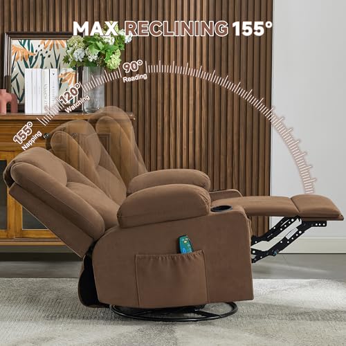 Image of Swivel Recliner Chair for Adults,Rocker Recliners with Vibration Massage and Lumbar Heat,Ergonomic Rocking Chair with Side Pocket,2 Cup Holders for Living Room