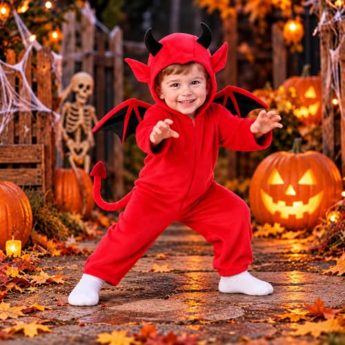 Halloween Costume Hooded Zip Up Jumpsuit with Tail and Horns Wings Soft Cosplay Party Romper Outfit (A1-Red, S) - image 4