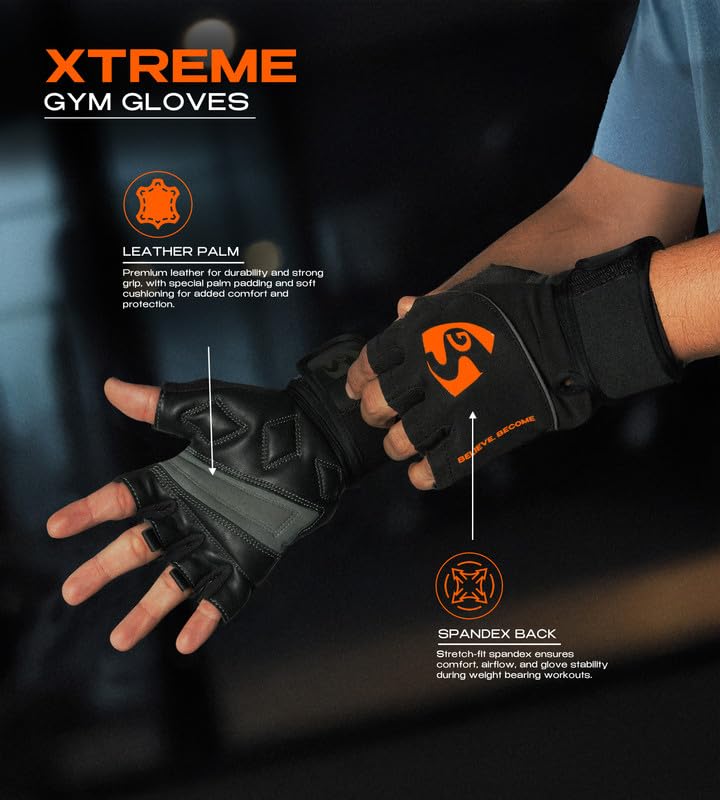 Image of SG Xtreme Gym Gloves for Men & Women | Premium Leather Palm, Half Finger Workout Gloves, Wrist Wrap, Soft Grip, Breathable & Durable | Weightlifting, Bodybuilding & Fitness