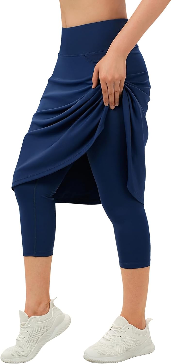beroy Women Skirt with Leggings Tennis Knee Length Skorts High Waist Athletic Skirted Capris Pockets