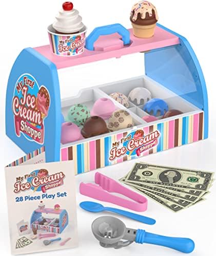 Ice Cream Counter Playset for Kids, Pretend Play (28 pcs) Best Gift for 3 4 5 6 Year Old Girl or Boy, Play Food Scoop and Serve, Toddler Toy